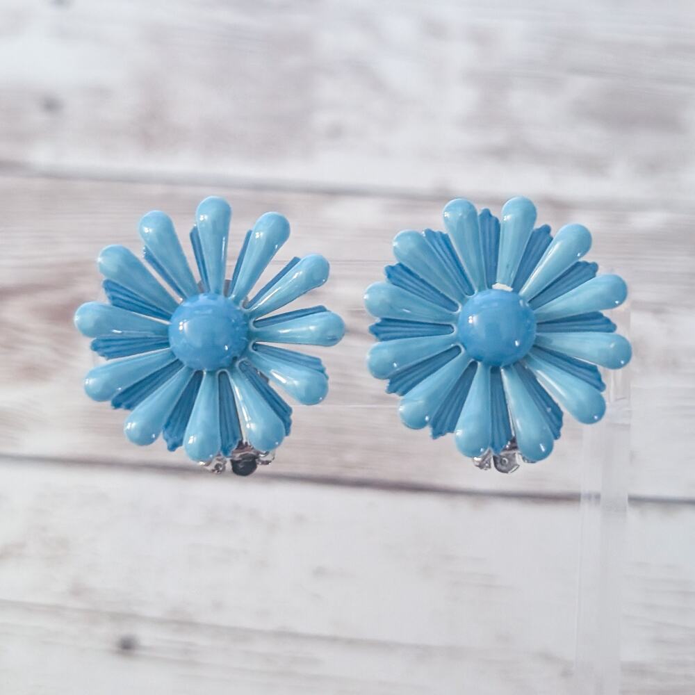 Vintage Clip On Earrings 1" Light Blue Flower
